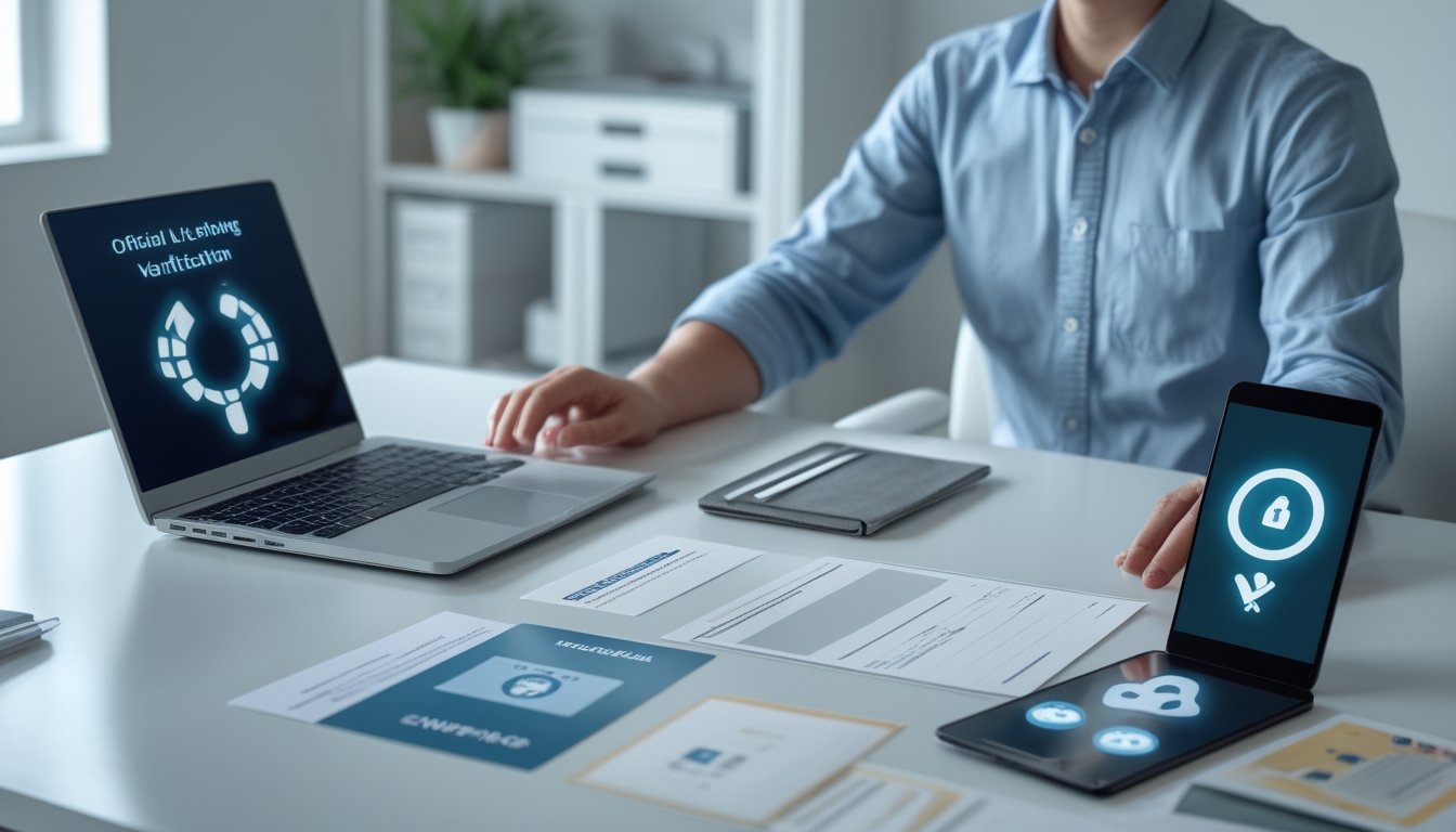 Seorang pengguna memverifikasi identitas dan mendaftarkan akun melalui laptop di meja kerja.