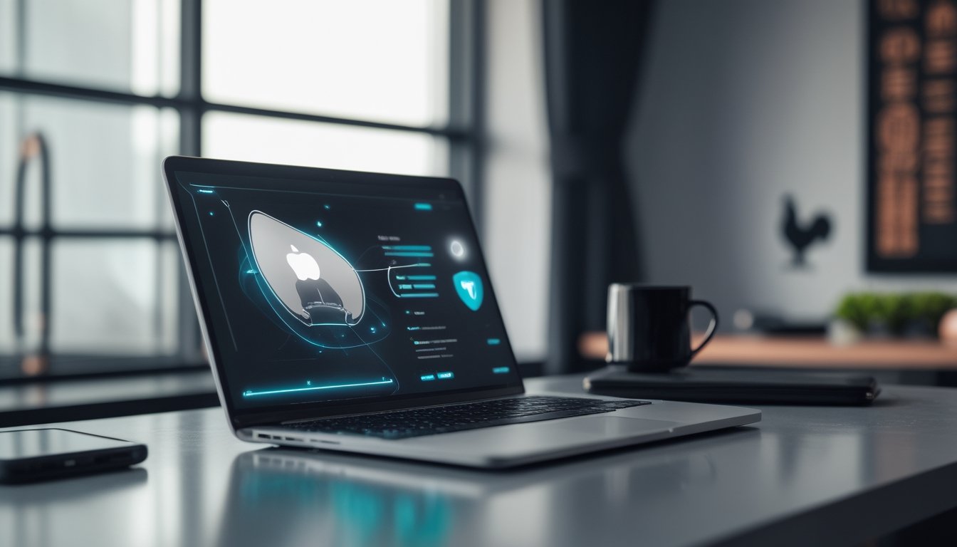 Laptop dan ponsel menampilkan antarmuka digital abstrak dengan simbol koneksi aman serta siluet ayam jantan di latar belakang.