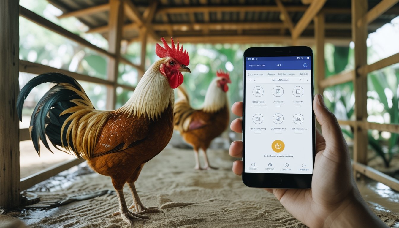Dua ayam jantan berada di kandang bersih dengan ponsel yang menampilkan antarmuka pembayaran digital.