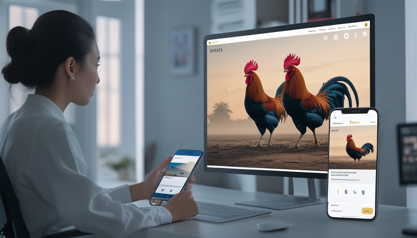 Seseorang melihat aplikasi digital umum di ponsel dengan latar suasana arena ayam tradisional.