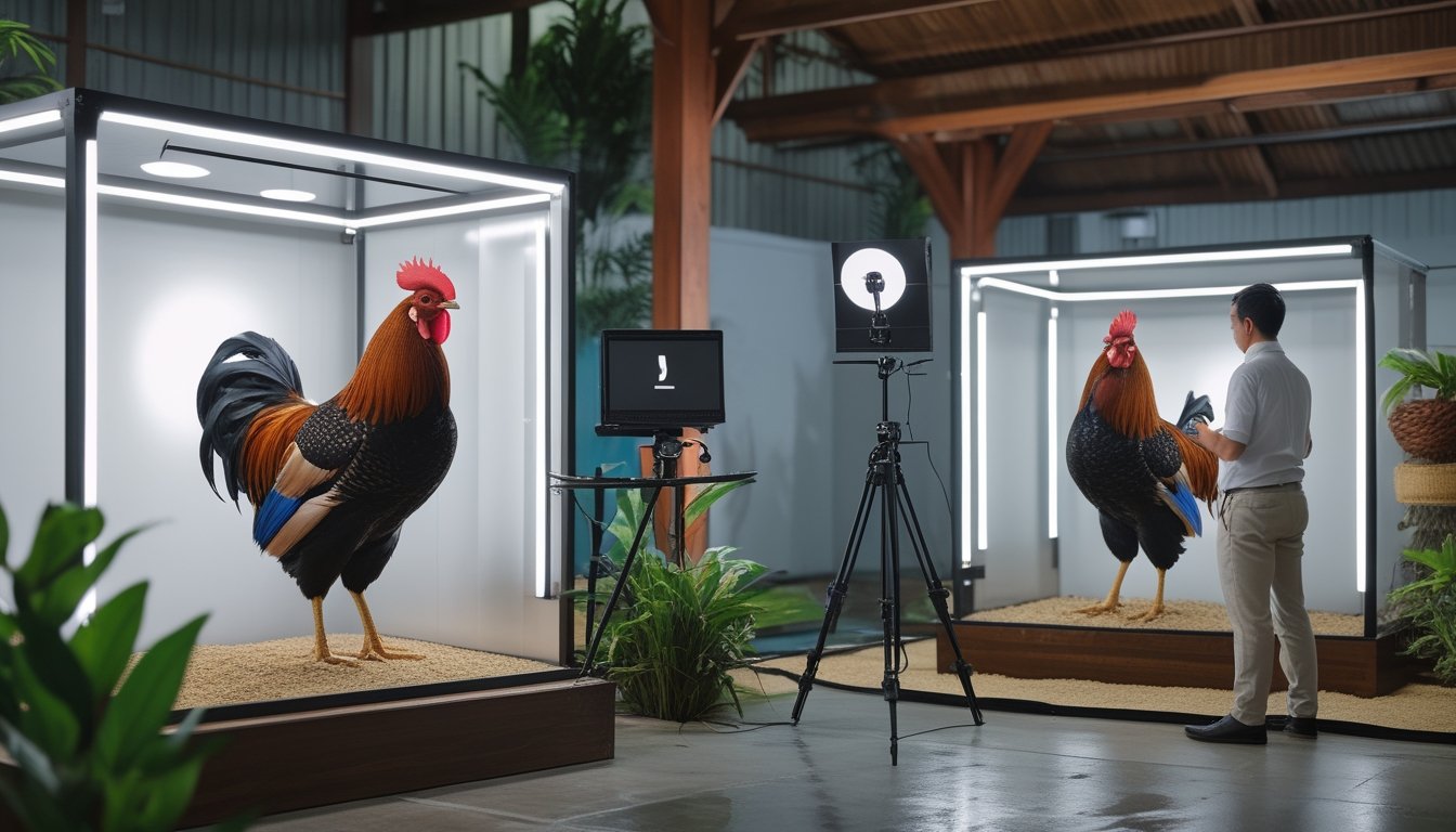 Acara siaran langsung menampilkan dua ayam Bangkok dalam kandang terpisah dengan peralatan kamera profesional.