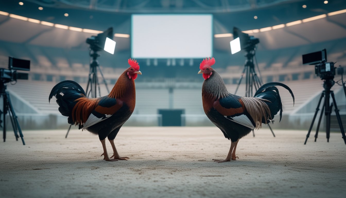 Dua ayam Bangkok sehat berada di arena siaran dengan kamera dan penonton di latar belakang.