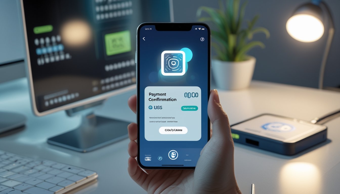 Ponsel menampilkan konfirmasi pembayaran digital di meja kerja modern dengan perangkat elektronik dan simbol pembayaran tanpa kontak.