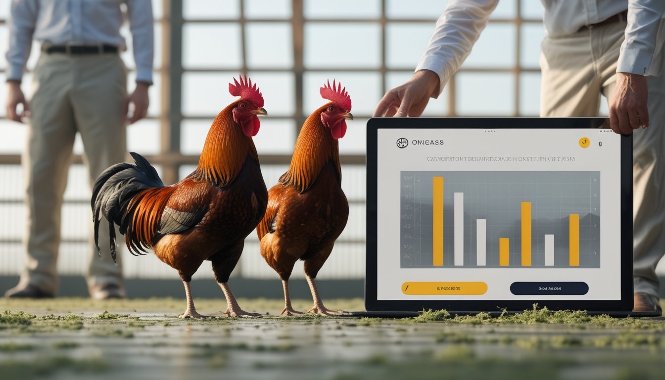 Dua ayam jantan sehat berdiri tenang di arena yang bersih dengan pendamping dan perangkat digital di latar belakang.