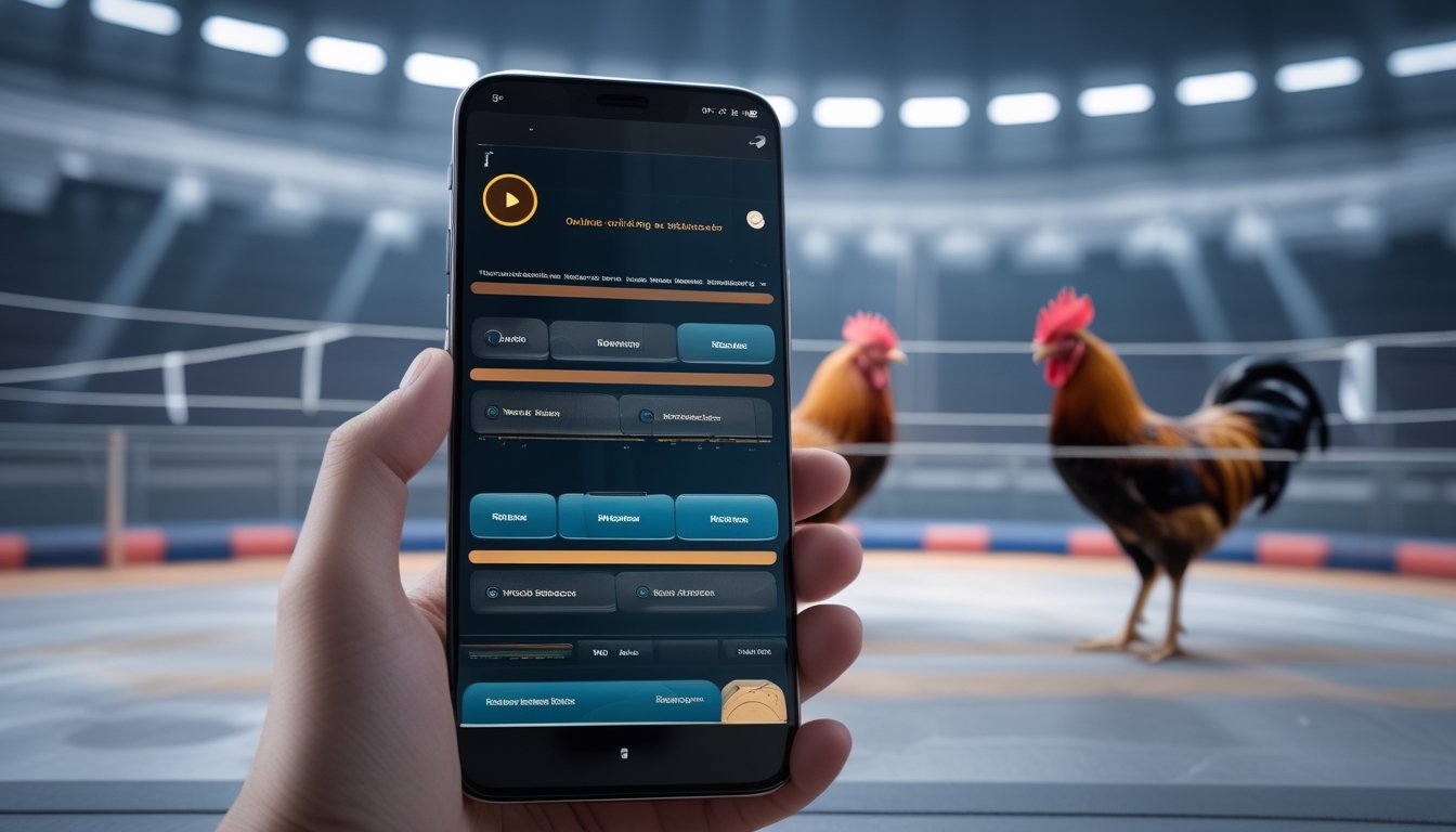 Ponsel pintar menampilkan antarmuka digital generik dengan suasana arena ayam jago yang terlihat samar di latar belakang.