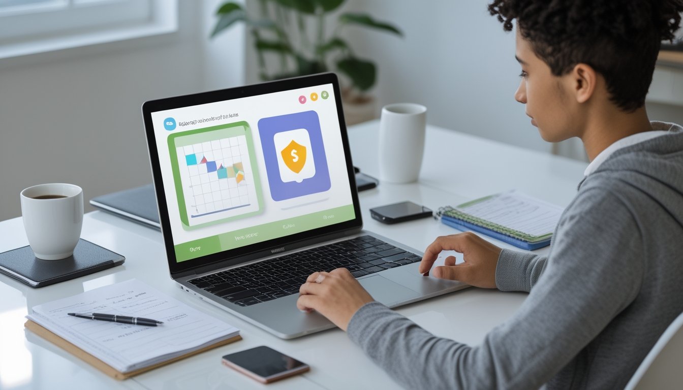Orang dewasa mempelajari permainan digital simulasi di laptop dengan catatan anggaran dan kalkulator di meja.