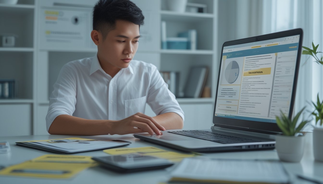 Orang dewasa meninjau informasi risiko dan legalitas perjudian online di meja kerja.