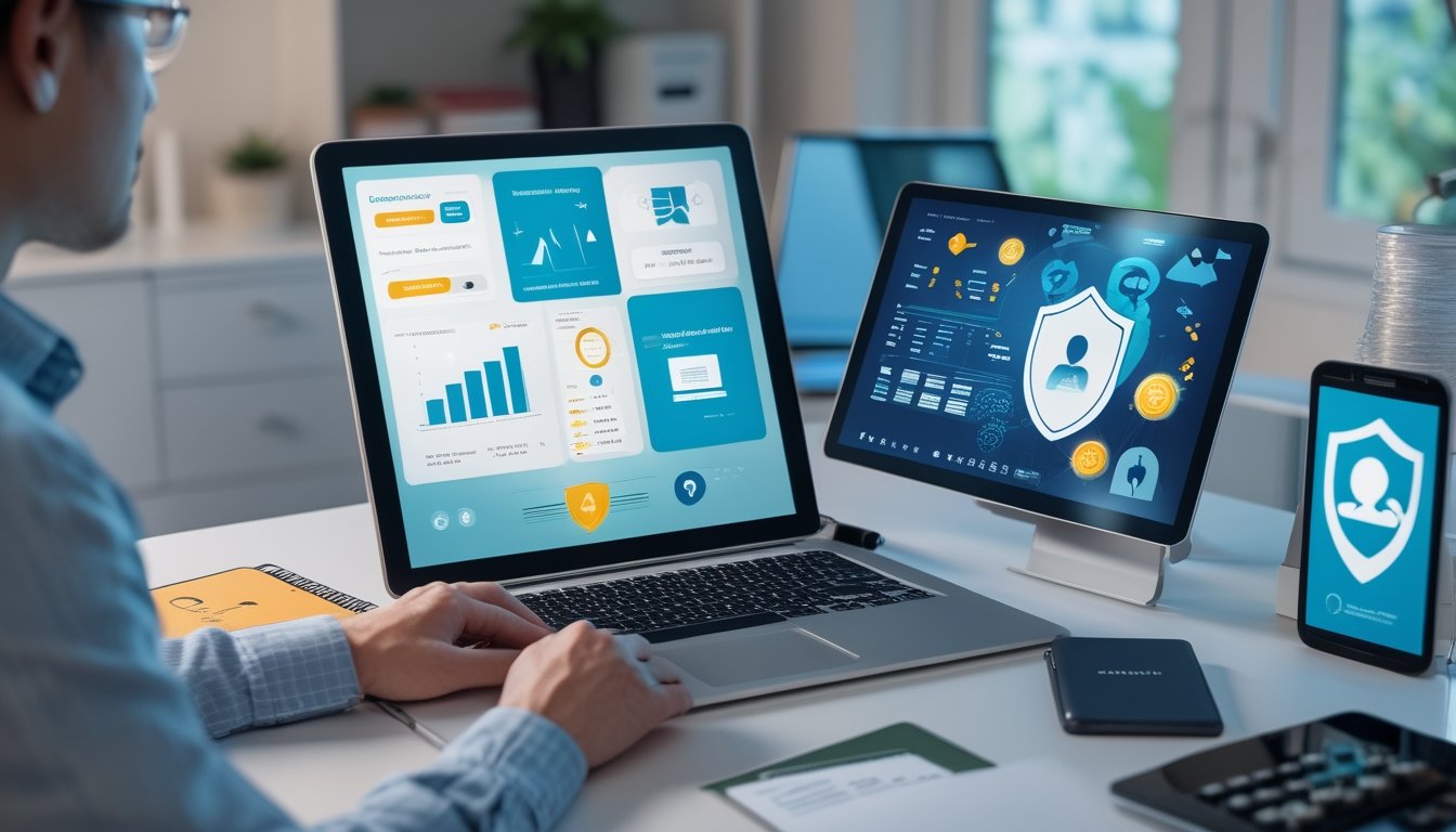 Orang dewasa memeriksa perangkat digital dengan grafik abstrak, kalkulator, dan simbol keamanan di ruang kerja modern.