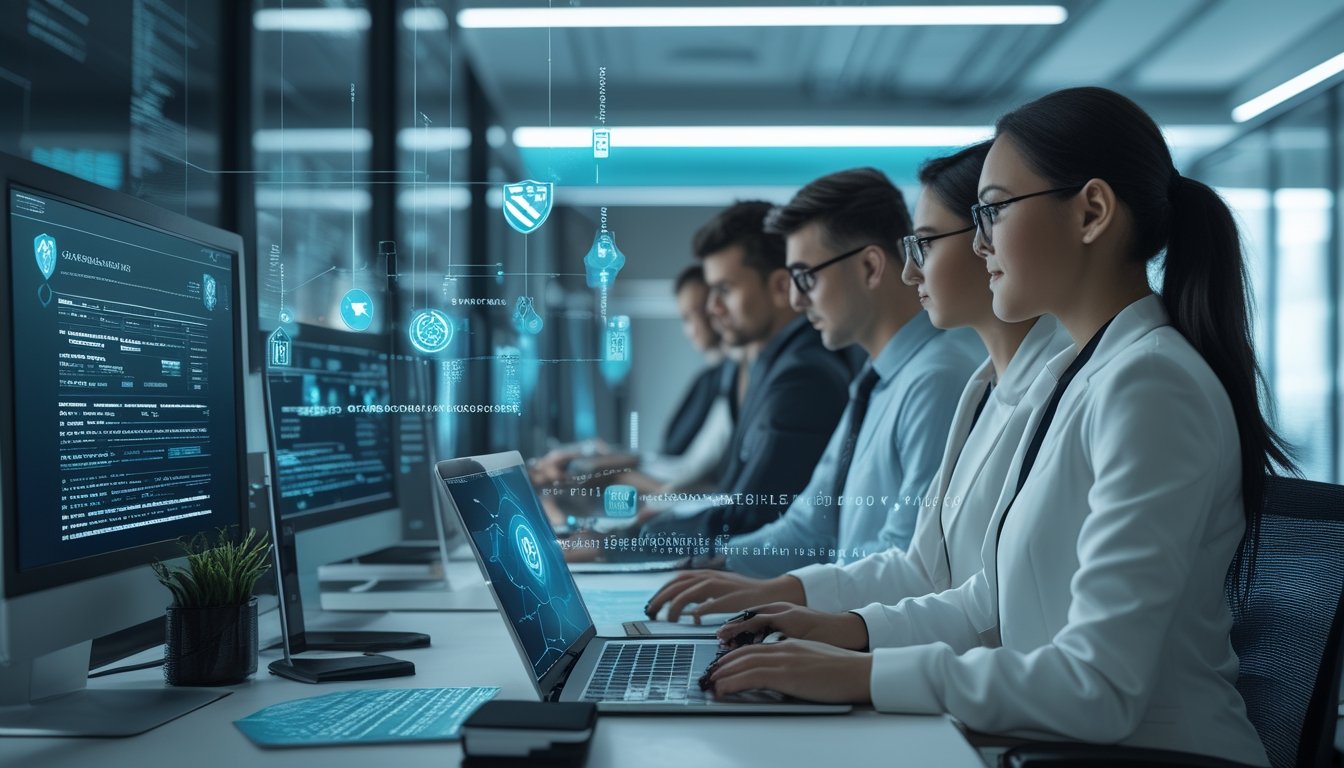 Tim kepatuhan dan keamanan siber memeriksa dokumen lisensi serta sistem perlindungan digital di kantor modern.