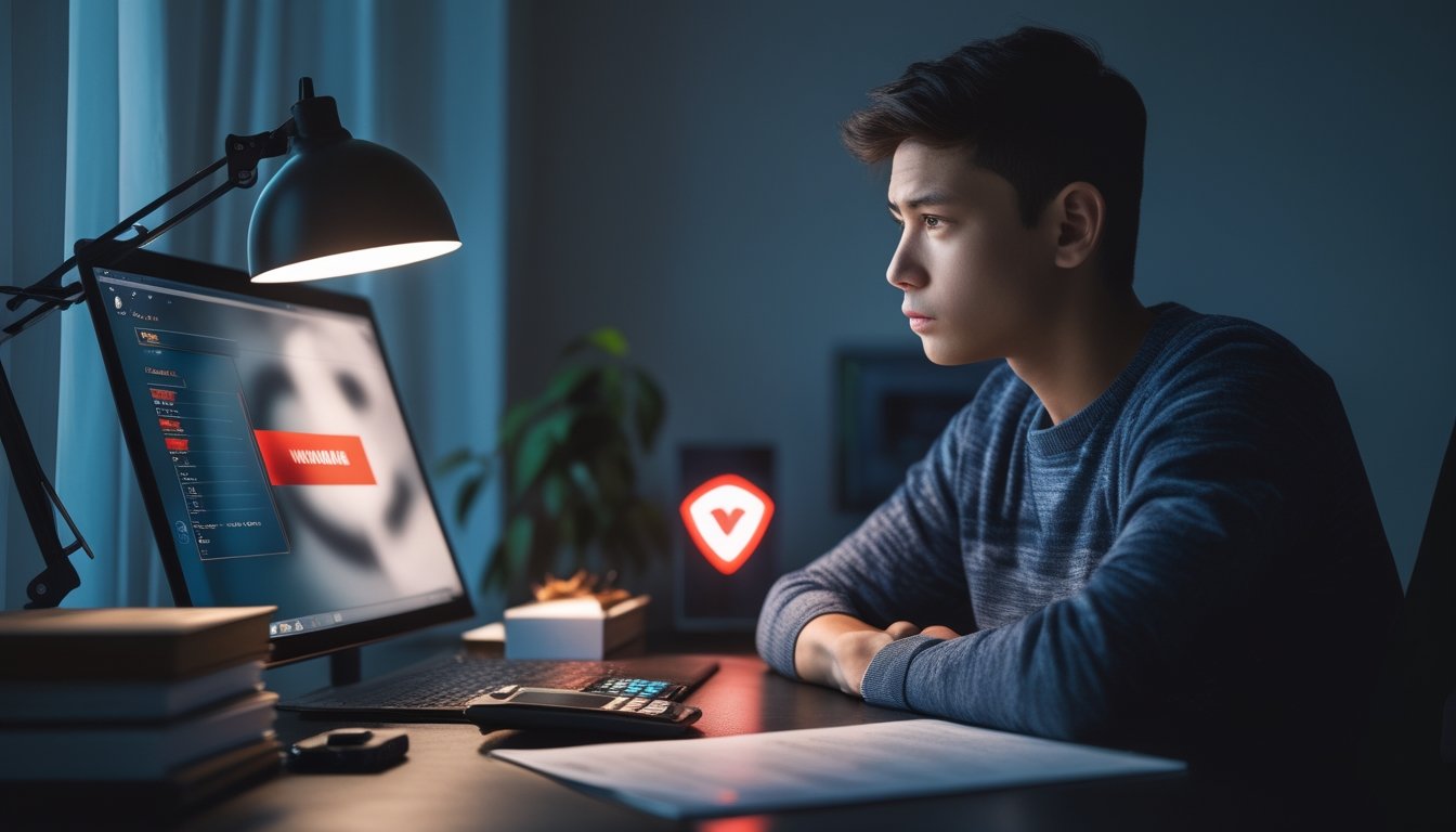 Seseorang tampak cemas memeriksa perangkat digital dengan simbol peringatan dan dokumen di meja.