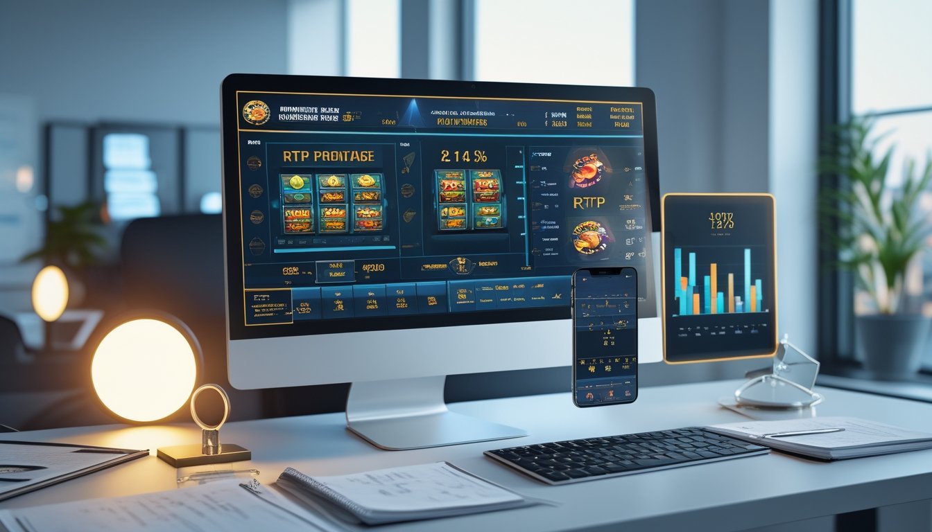 Meja kerja modern dengan monitor dan ponsel yang menampilkan analisis permainan slot serta grafik perbandingan.