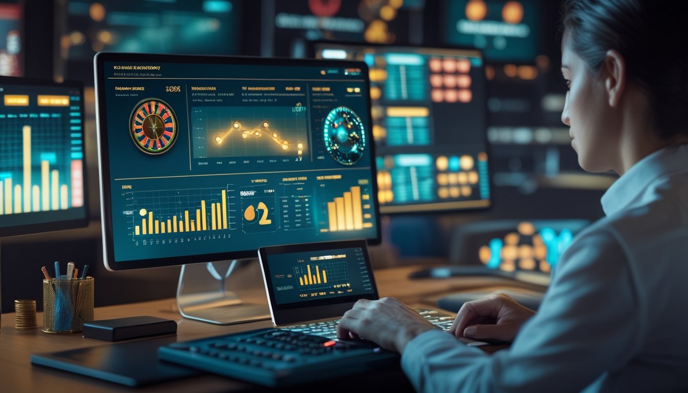 Seorang analis memeriksa grafik kinerja permainan slot di ruang kerja modern.