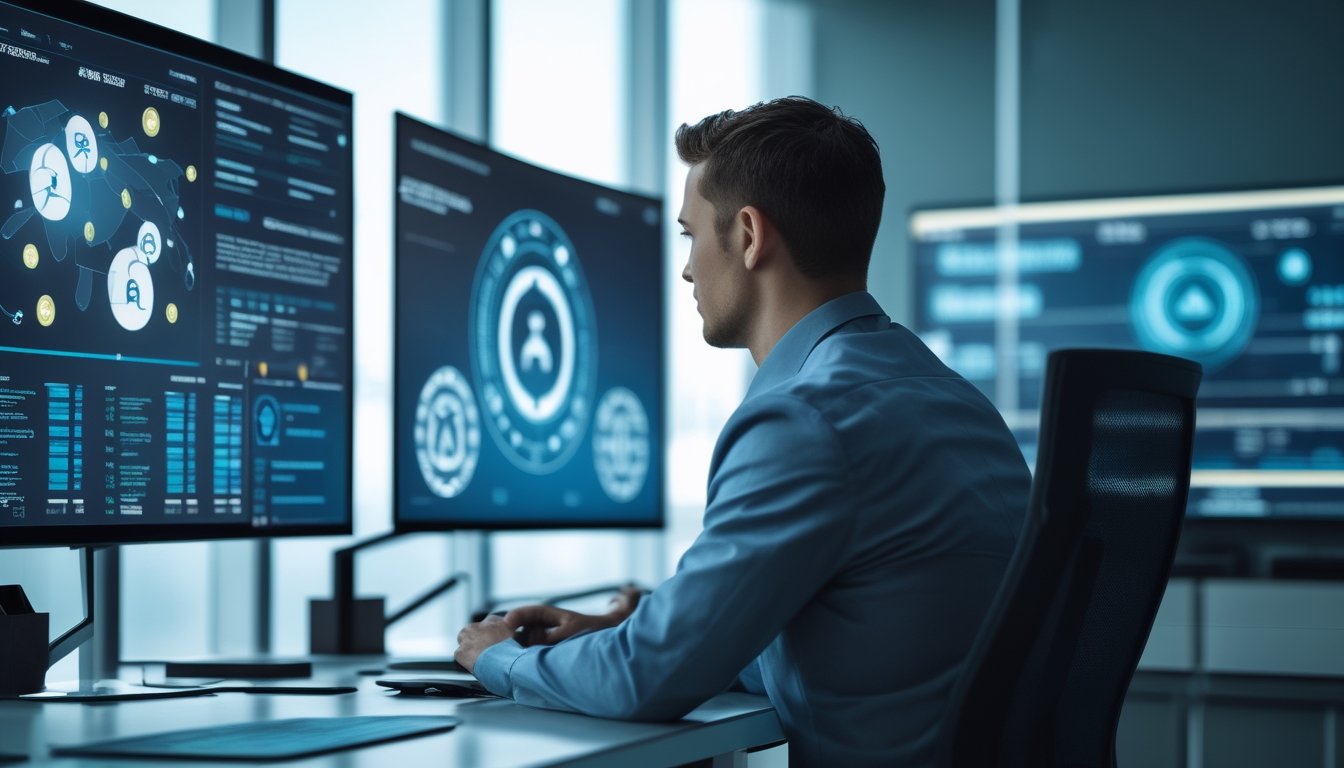 Analis keamanan siber menganalisis tren teknologi dan sistem perlindungan digital pada beberapa monitor.