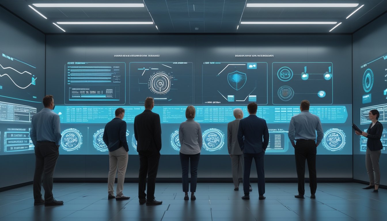 Analis dewasa mengamati visualisasi data anonim dan simbol keamanan siber di kantor teknologi modern.