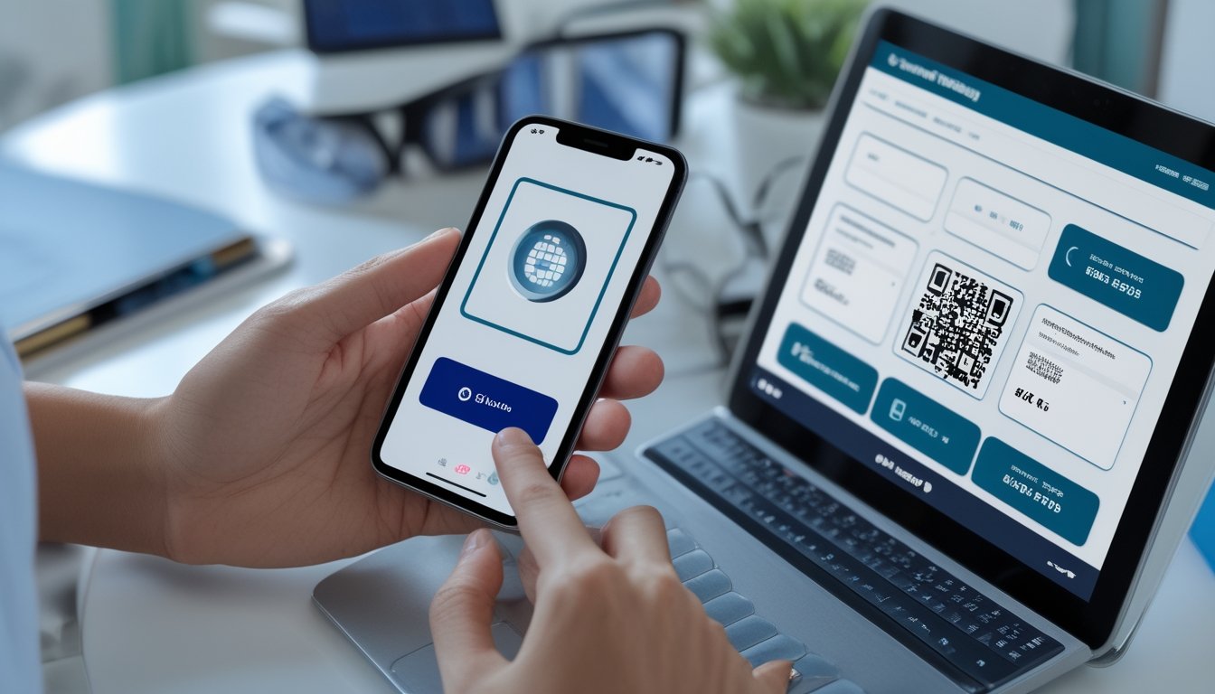 Tangan memegang ponsel dengan tampilan pembayaran digital dan pola QR di atas meja kerja modern.