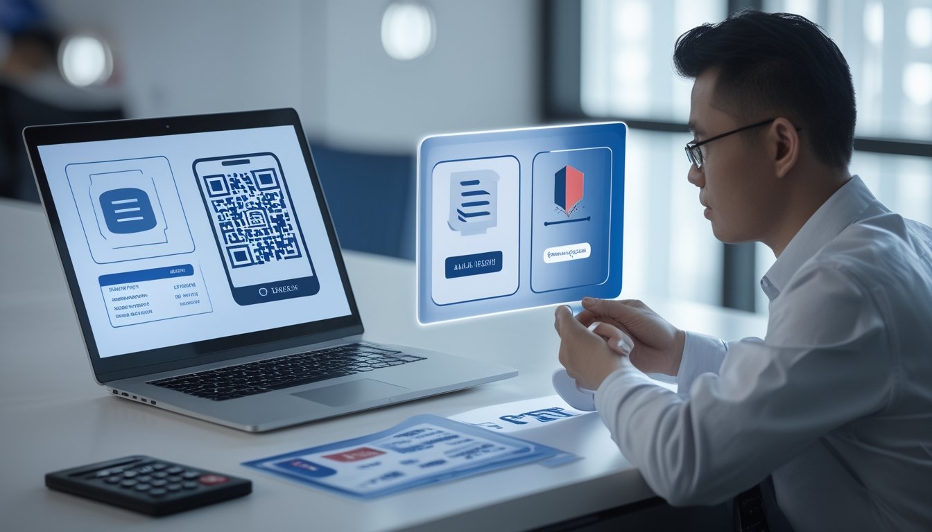 Seorang profesional Indonesia meninjau informasi hukum dan pembayaran digital di meja kerja dengan ponsel, laptop, dan simbol keamanan.