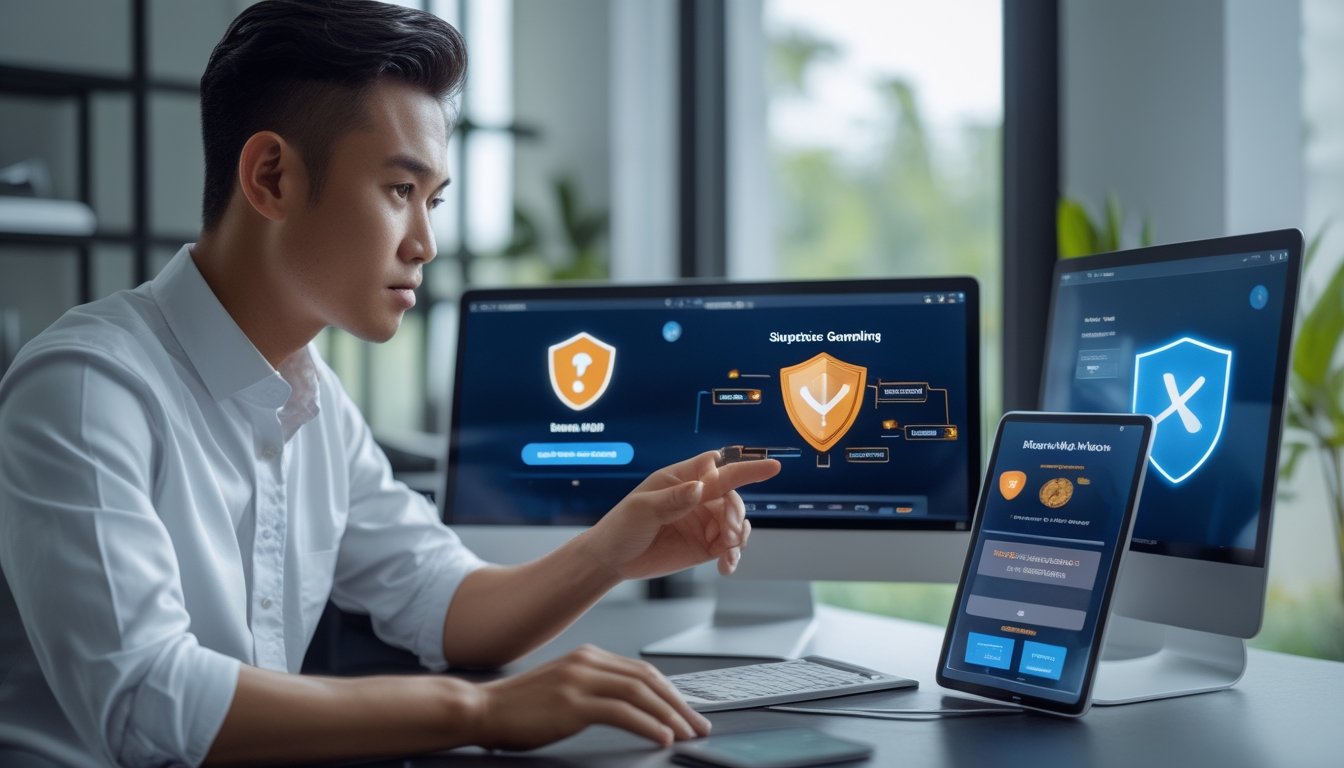 Seseorang memeriksa situs mencurigakan di laptop sambil menggunakan ponsel dan memperhatikan tanda peringatan keamanan.
