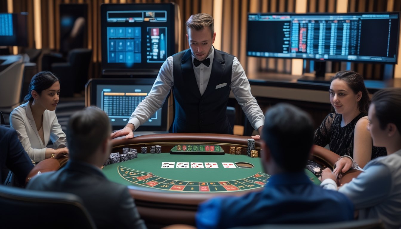 Dealer menjelaskan permainan kasino langsung kepada pemain di meja roulette dan blackjack.
