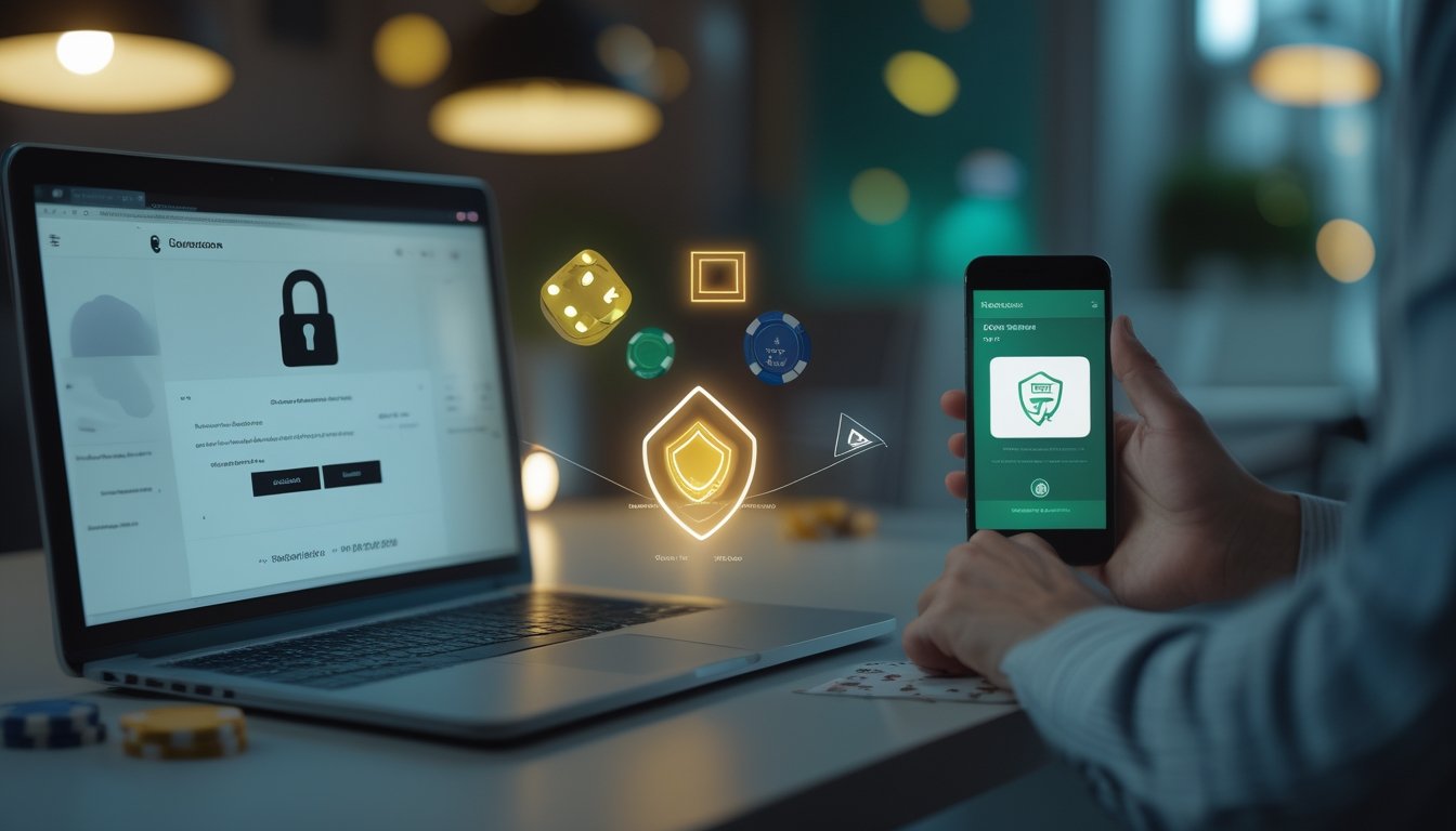 Orang dewasa memeriksa situs permainan online di laptop dengan simbol keamanan seperti gembok dan perisai di meja kerja.