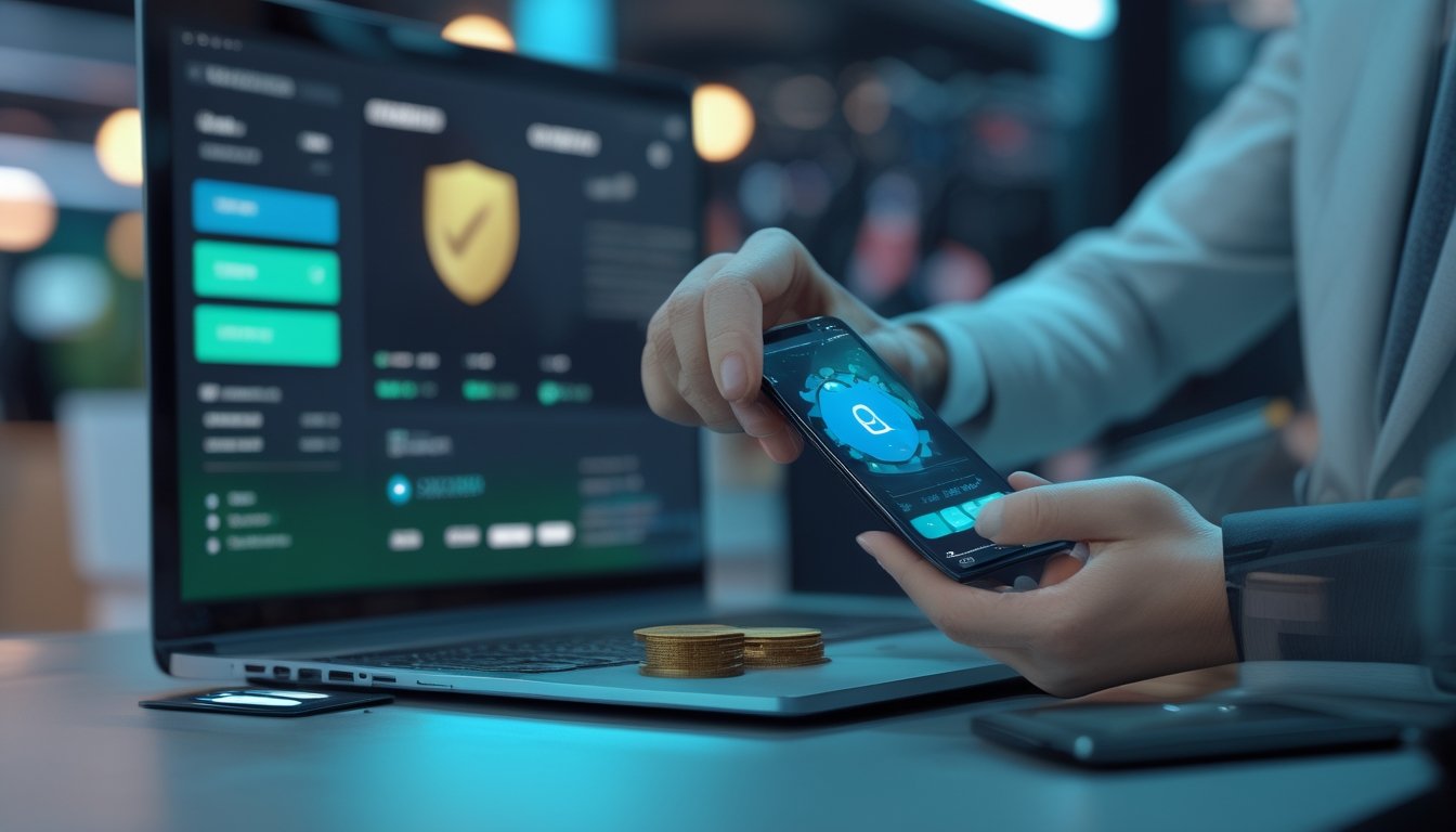 Seseorang menyelesaikan transaksi pembayaran digital melalui laptop dan ponsel di meja kerja modern.