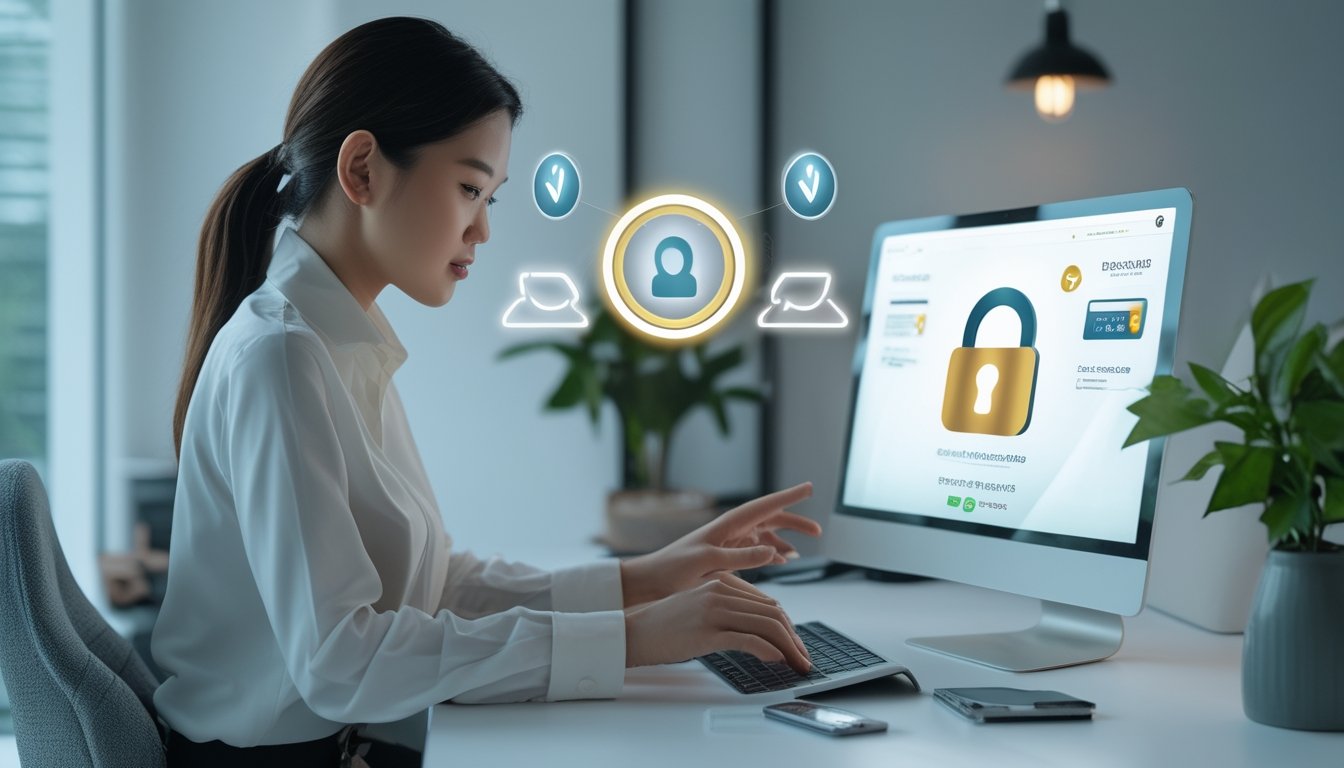 Seseorang mengelola transaksi pembayaran digital yang aman menggunakan laptop dan ponsel di meja kerja modern.