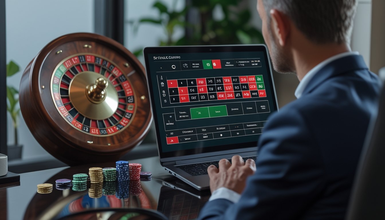 Pemain dewasa mempelajari permainan roulette online di laptop dengan roda roulette dan keping taruhan di meja.