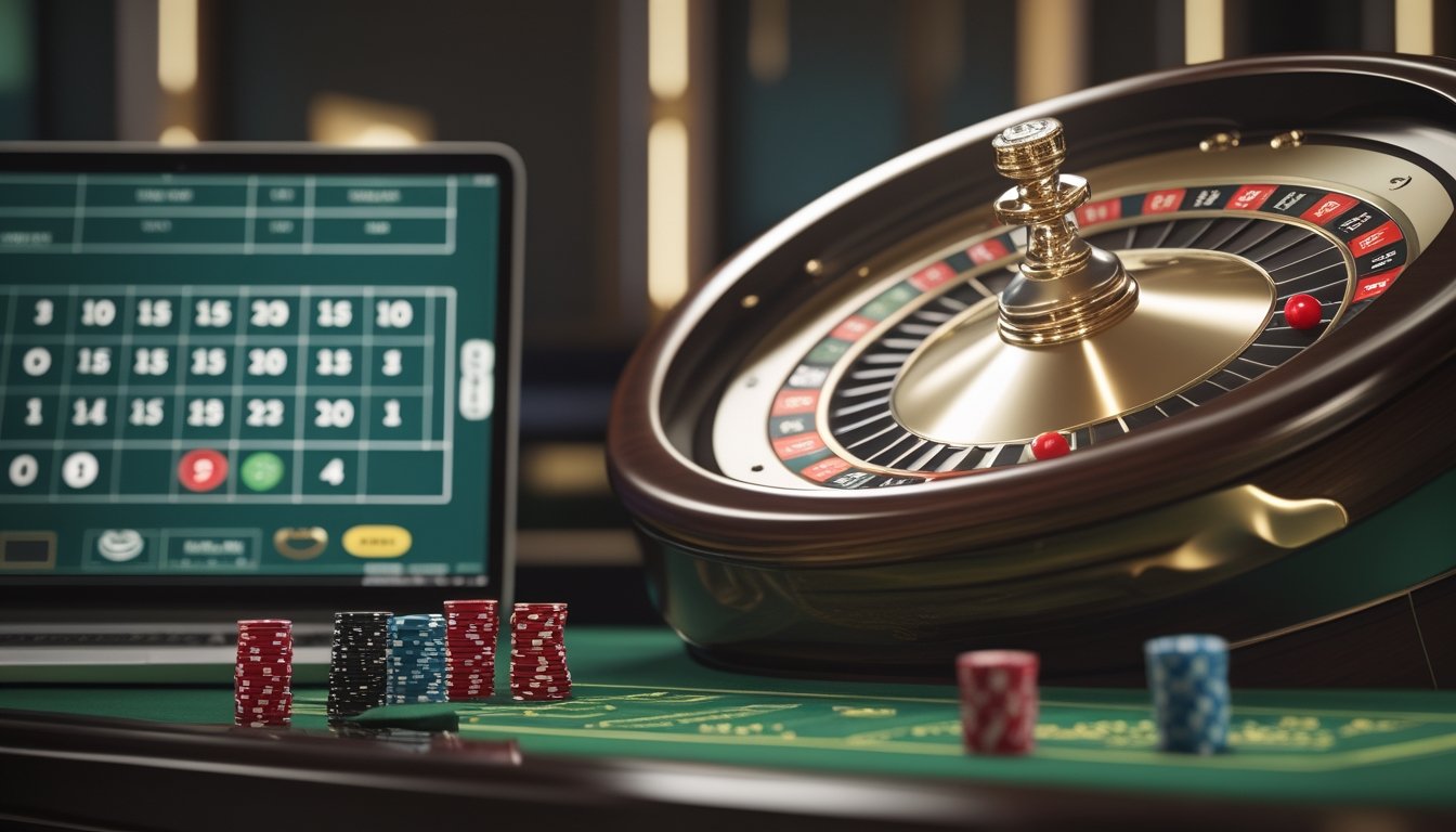 Pemain dewasa mengamati roda roulette dengan menjaga taruhan di meja kasino modern.