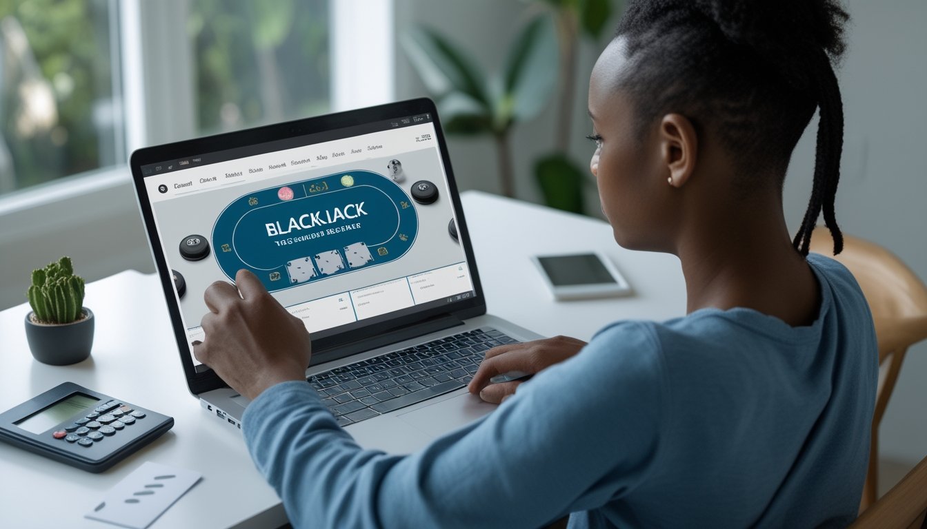 Seorang pemula mempelajari permainan blackjack online di laptop dengan kartu, chip, dan catatan di meja.