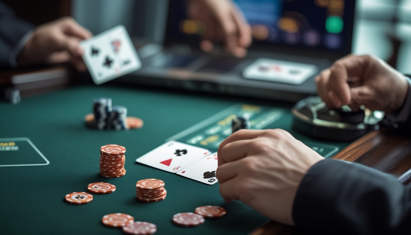 Meja blackjack dengan kartu, chip, dan tangan dealer yang sedang menunjukkan situasi permainan kepada pemula.