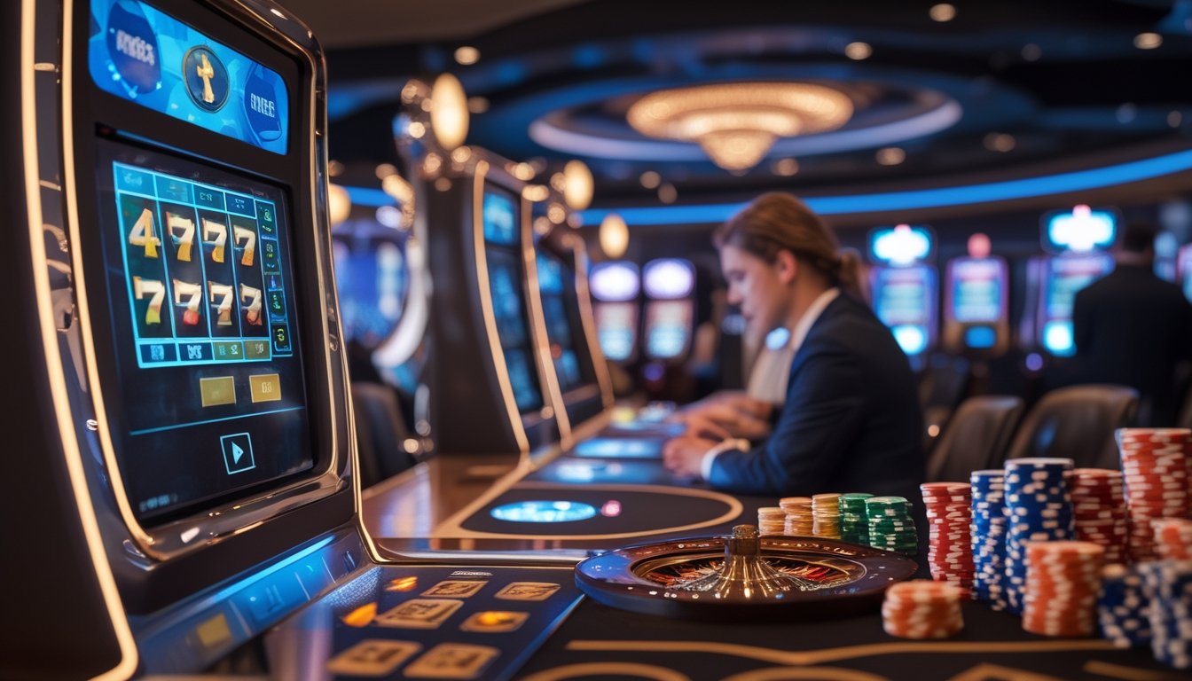 Mesin slot modern dan meja kasino langsung dengan kartu, chip, serta roda roulette di ruangan kasino elegan.