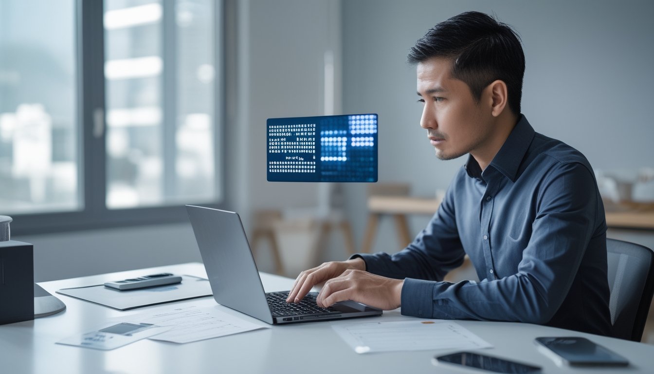 Seorang profesional meninjau informasi risiko dan kepatuhan di meja kerja dengan laptop dan kalkulator.