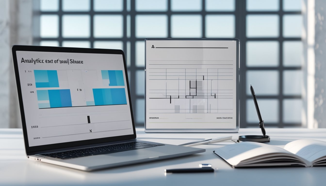Meja kerja modern dengan laptop, tablet, kalkulator, dan grafik abstrak yang menggambarkan analisis pola.