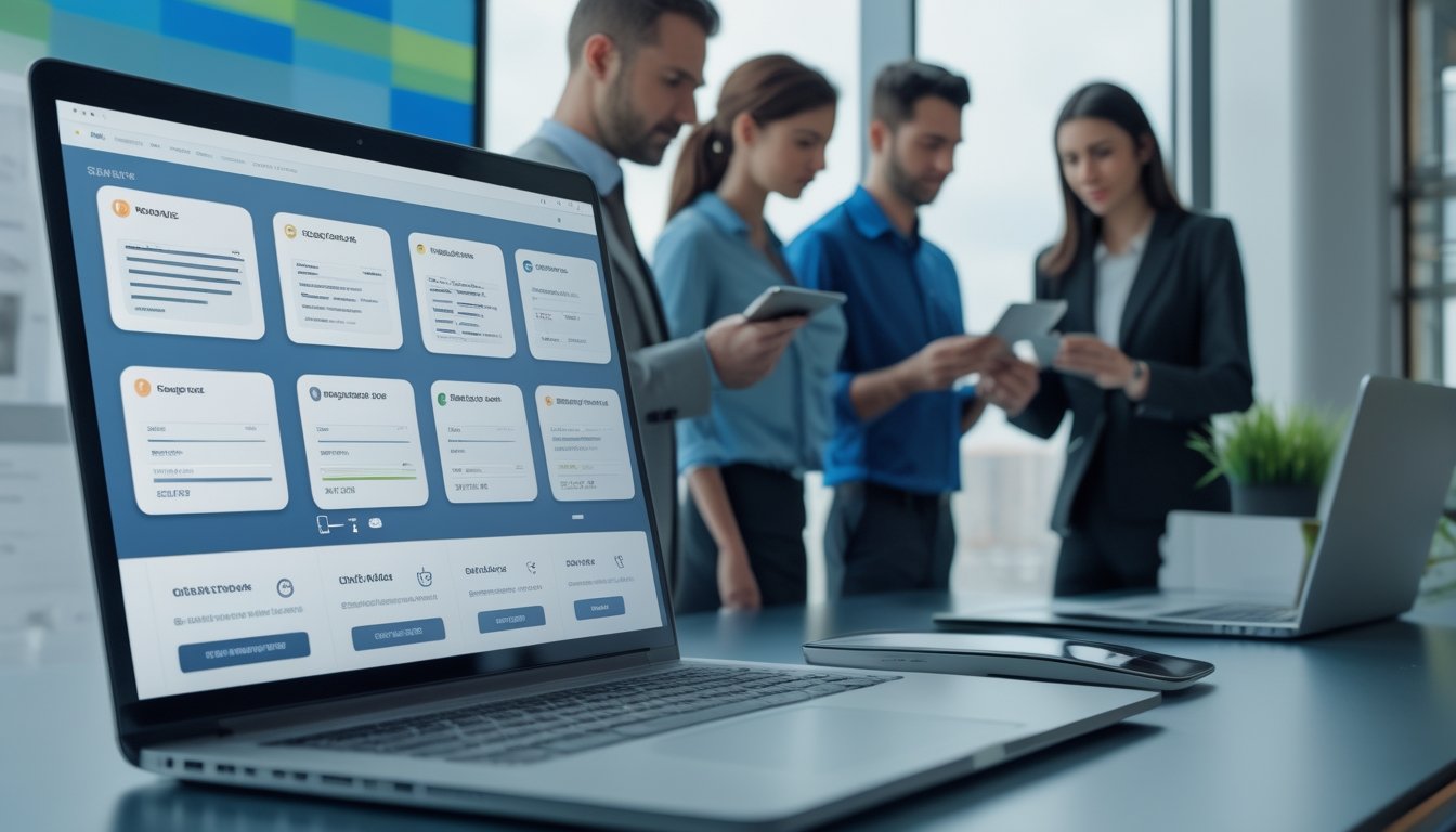 Tim profesional meninjau fitur platform digital pada laptop dan ponsel di ruang kerja modern.