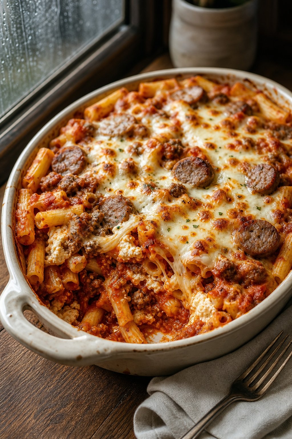 A deeply bubbling baked ziti with browned Italian sausage, dark red tomato sauce, pools of ricotta, and golden melted mozzarella in a white ceramic baking dish.