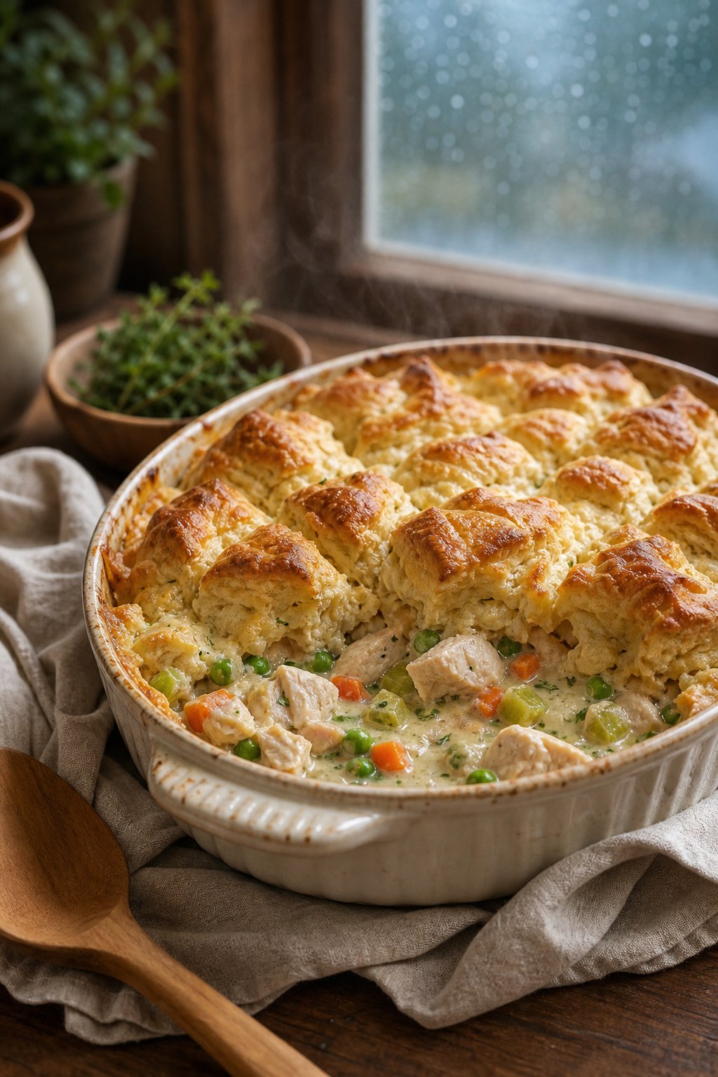 A golden chicken pot pie casserole with puffed refrigerator biscuits on top and a creamy vegetable filling visible at the edges, in a white ceramic baking dish on a cozy kitchen table.