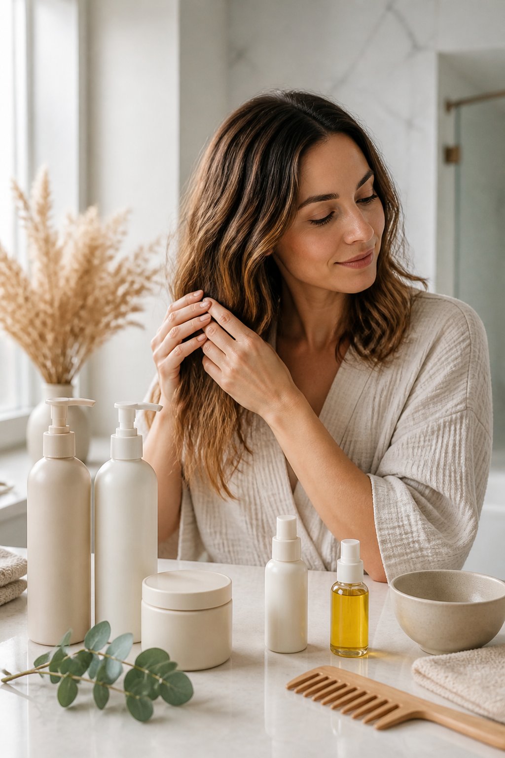 A person applies hair treatment to dry hair beside neatly arranged hair care products in a bright bathroom.