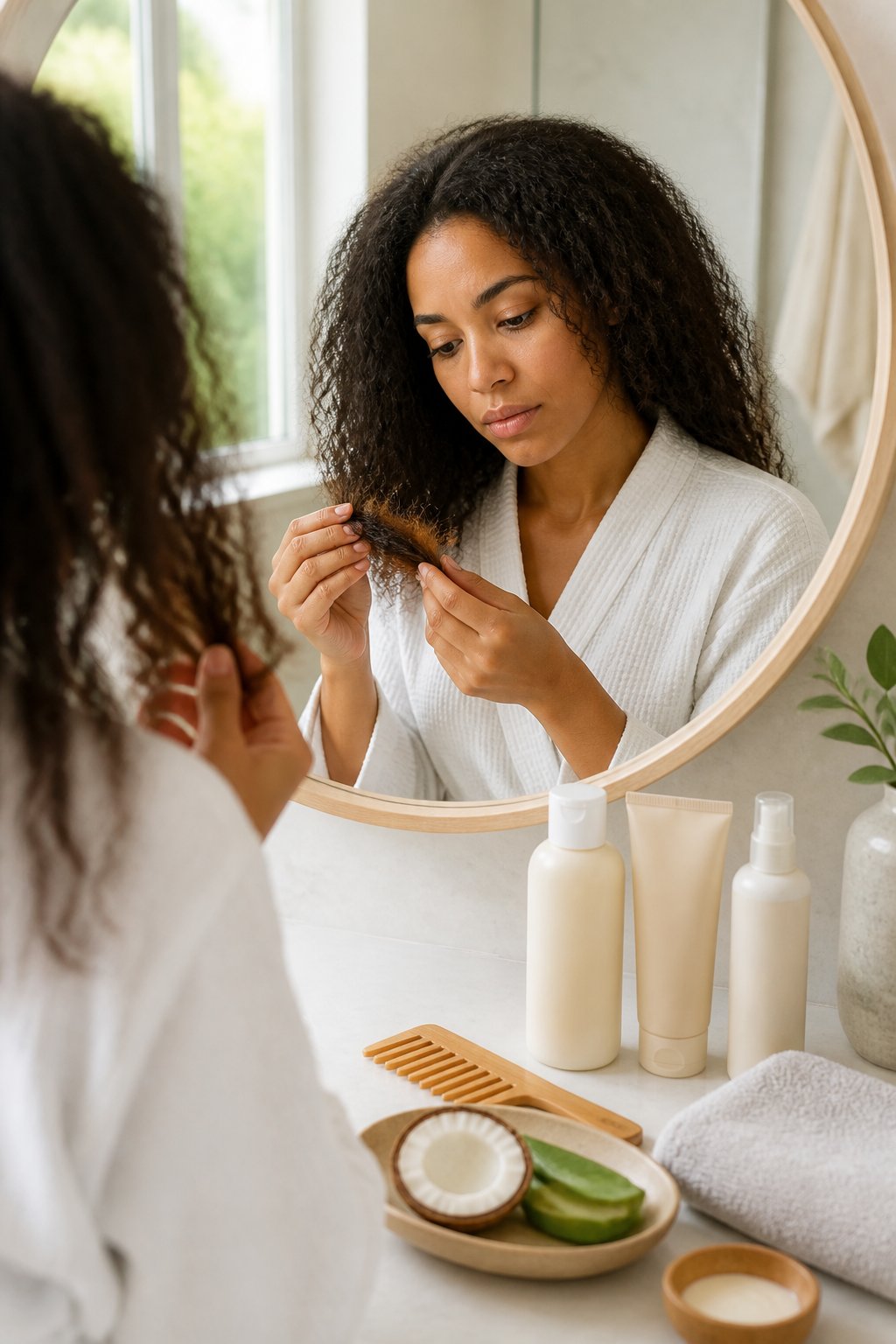 Woman examining the dry ends of her hair beside a bathroom vanity with moisturizing hair-care products.