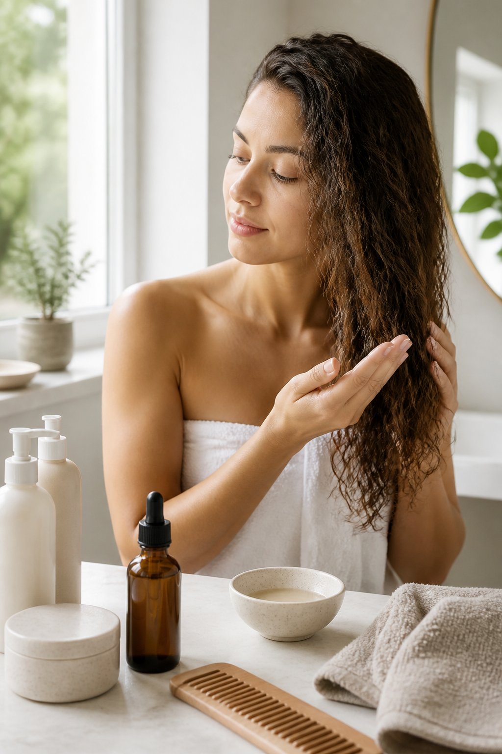 Person applying nourishing hair care product to the ends of dry hair beside several simple hair care items.