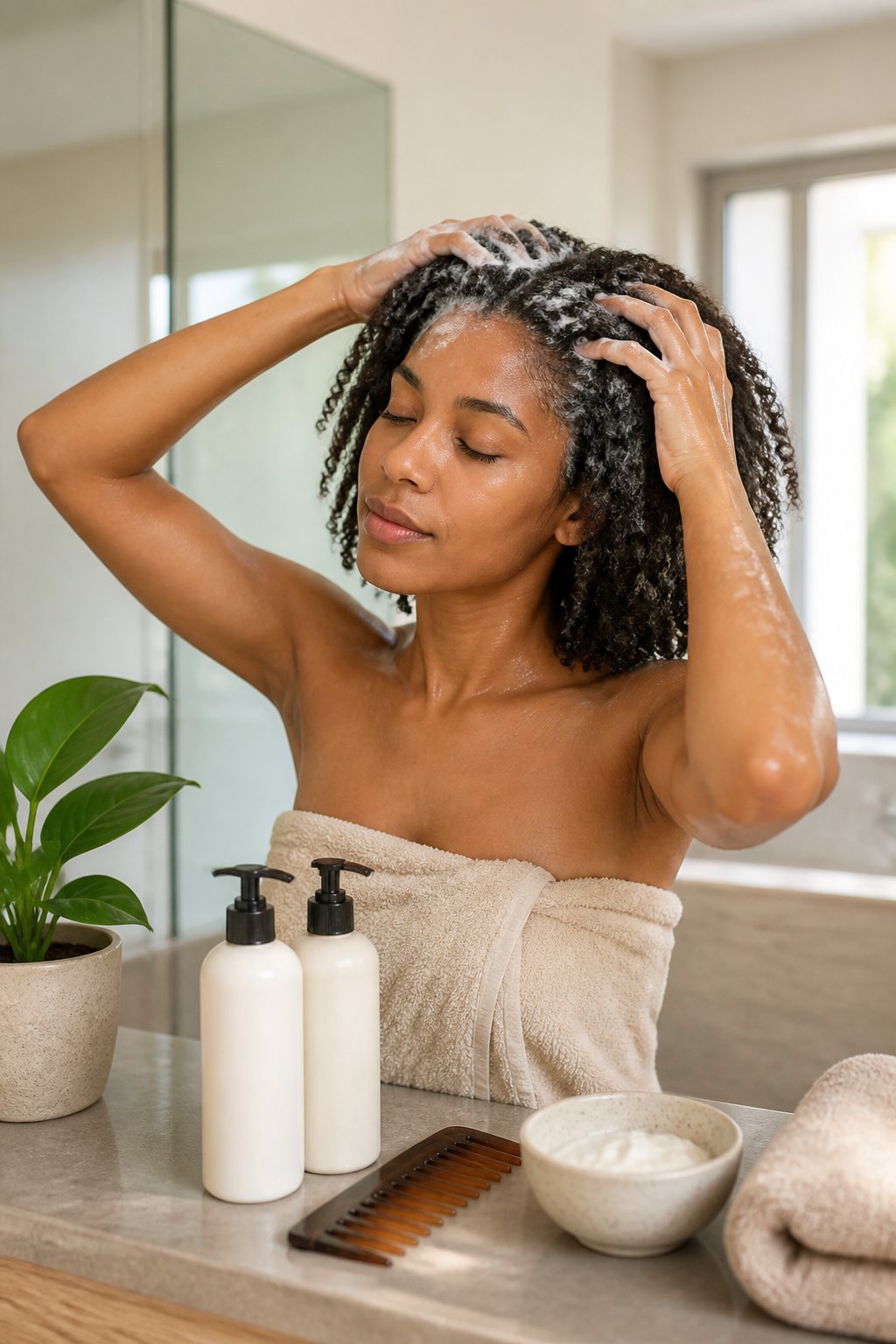 Person gently washing textured hair in a bright bathroom with hair-care products nearby.