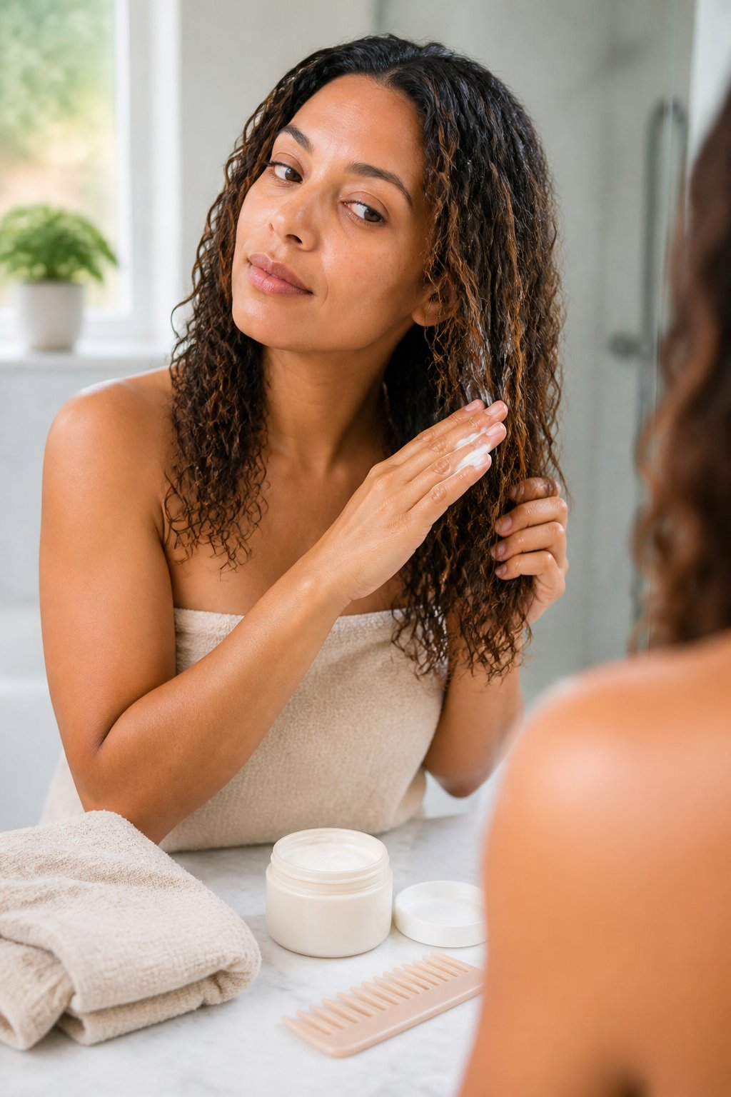 A woman applies moisturizer to the ends of her damp hair in a bathroom.