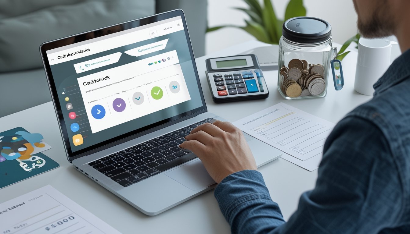 Seseorang memeriksa informasi cashback pada laptop dan ponsel di meja kerja.
