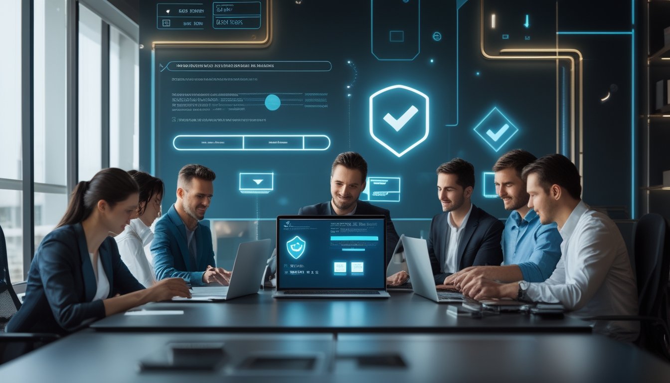 Sekelompok orang dewasa bekerja bersama di kantor modern sambil memeriksa transaksi digital yang aman.
