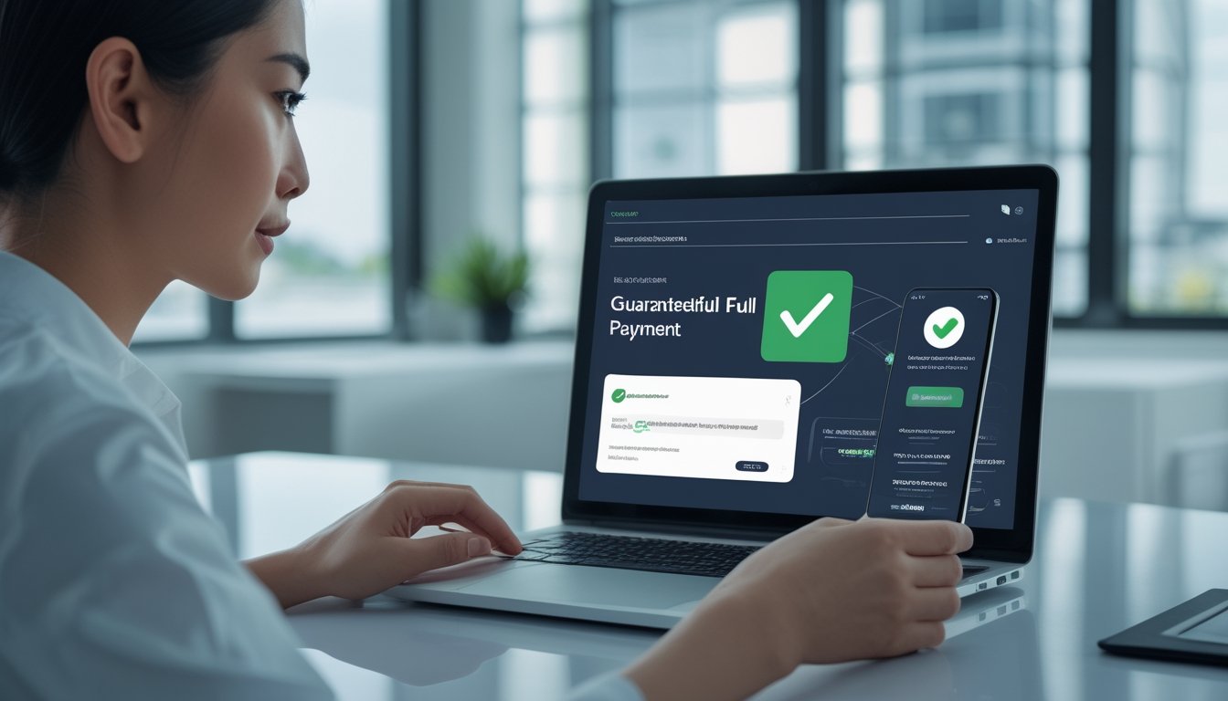 Pengguna memeriksa konfirmasi pembayaran digital di laptop dalam suasana kantor rumah yang modern.