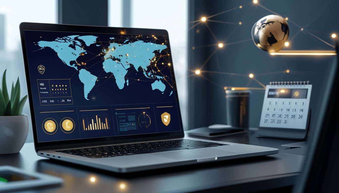 Laptop dengan dasbor digital abstrak, globe, dan jaringan cahaya di meja kerja modern.