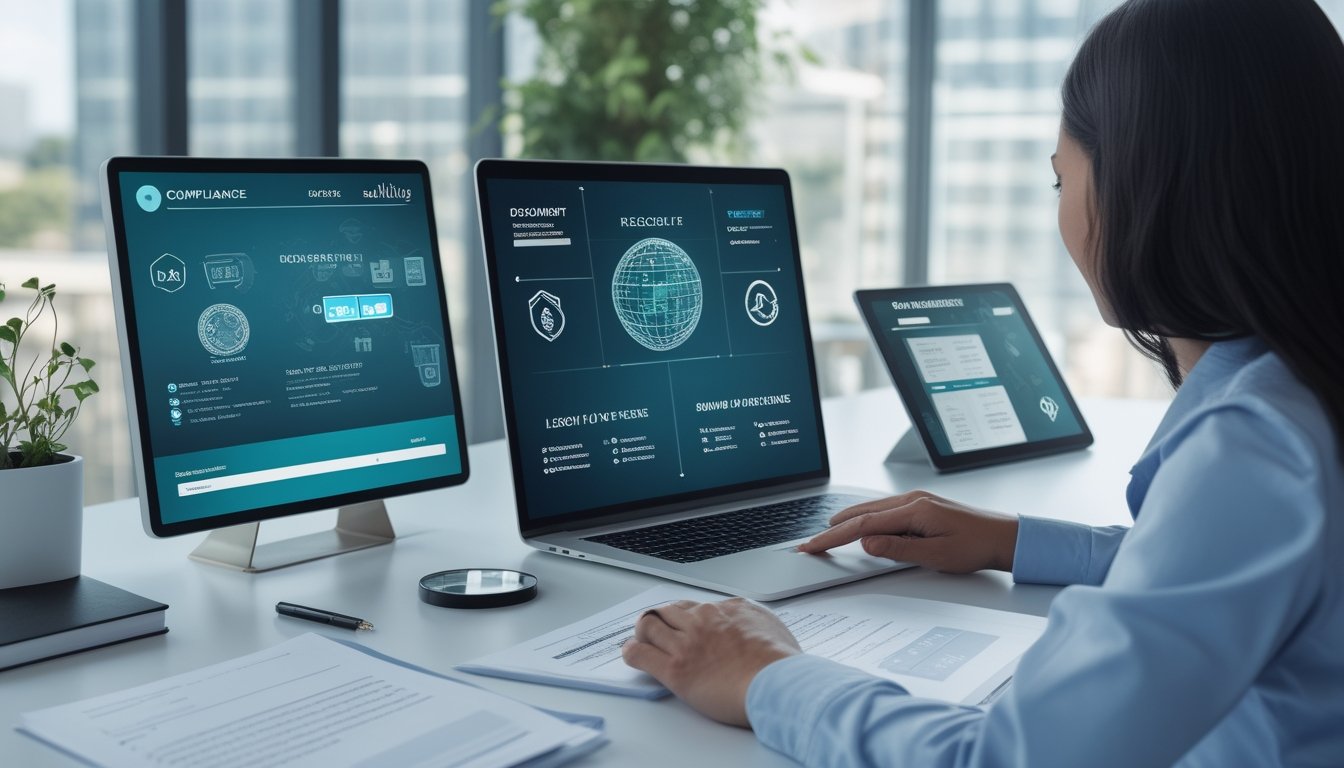 Analis kepatuhan memeriksa dokumen legalitas dan indikator keamanan operator taruhan online di laptop.