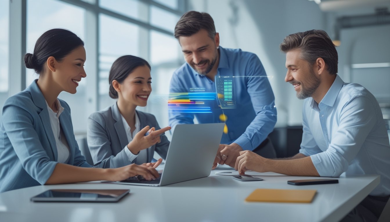 Tiga orang dewasa bekerja sama menggunakan laptop dan ponsel di ruang kerja modern.