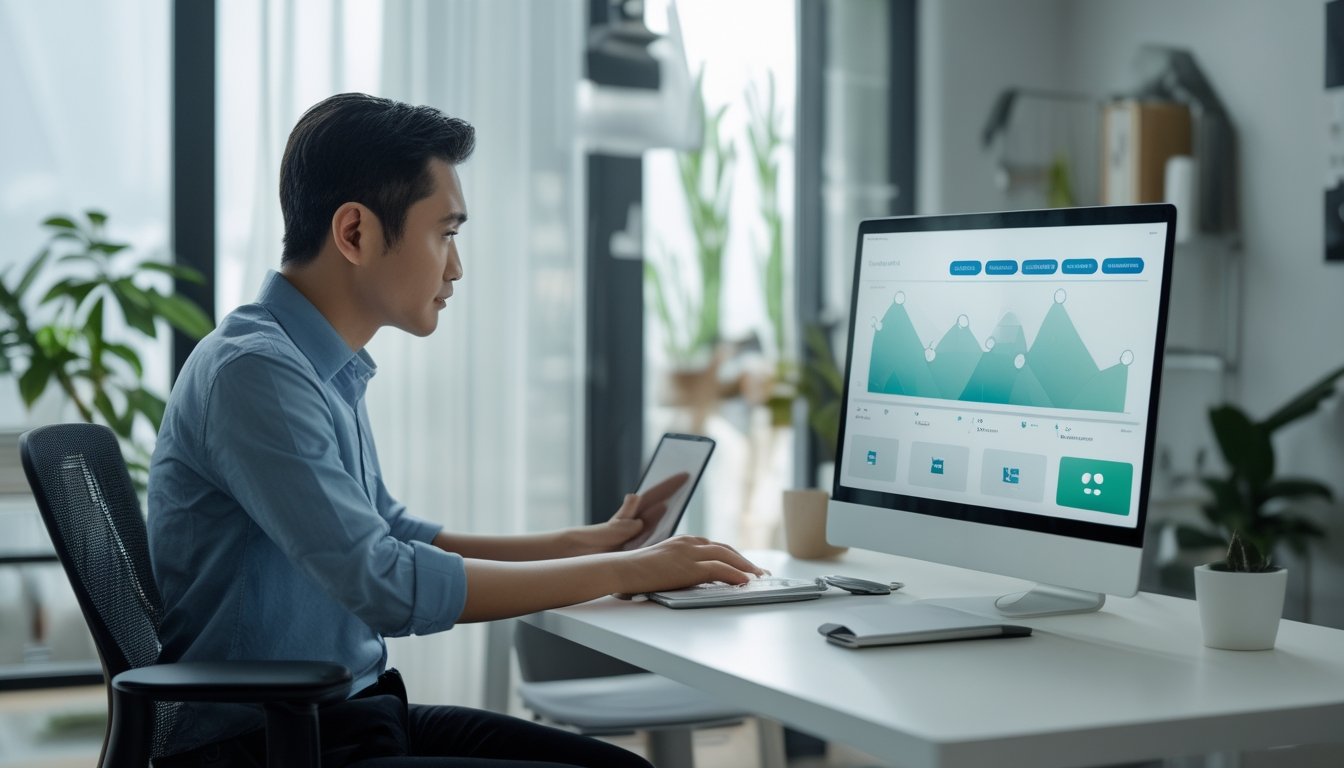 Seorang profesional meninjau grafik pertumbuhan pada laptop di ruang kerja modern.