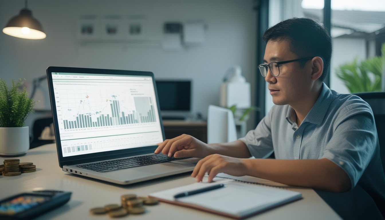 Orang dewasa menganalisis grafik risiko taruhan online di laptop sambil mencatat anggaran di meja kerja.