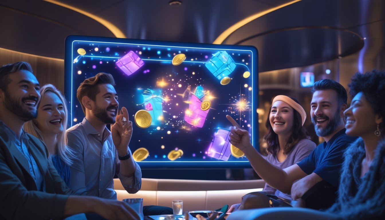 Sekelompok orang dewasa merayakan acara promosi digital dengan hadiah dan efek cahaya di ruang modern.