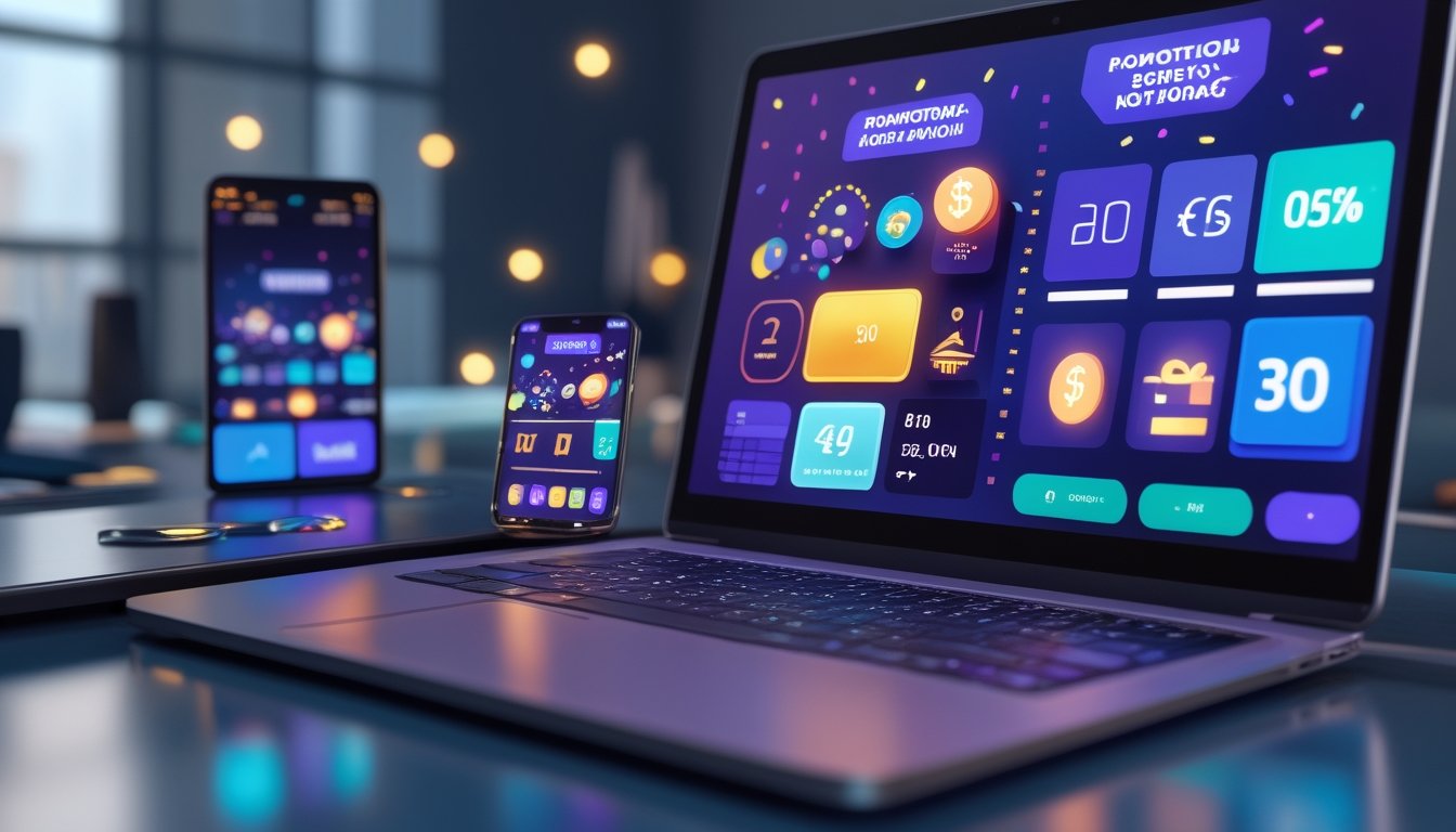 Laptop dan ponsel menampilkan antarmuka promosi digital dengan ikon hadiah, kalender, dan dekorasi perayaan.